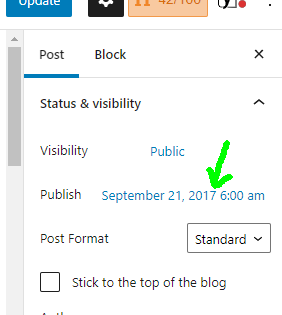 The date is located under status and visibility in the post settings